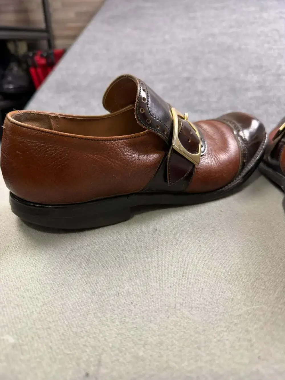 Vintage Mens Leather Monk Strap Shoes Two Tone Brown Brogue Buckle Custom Loafer